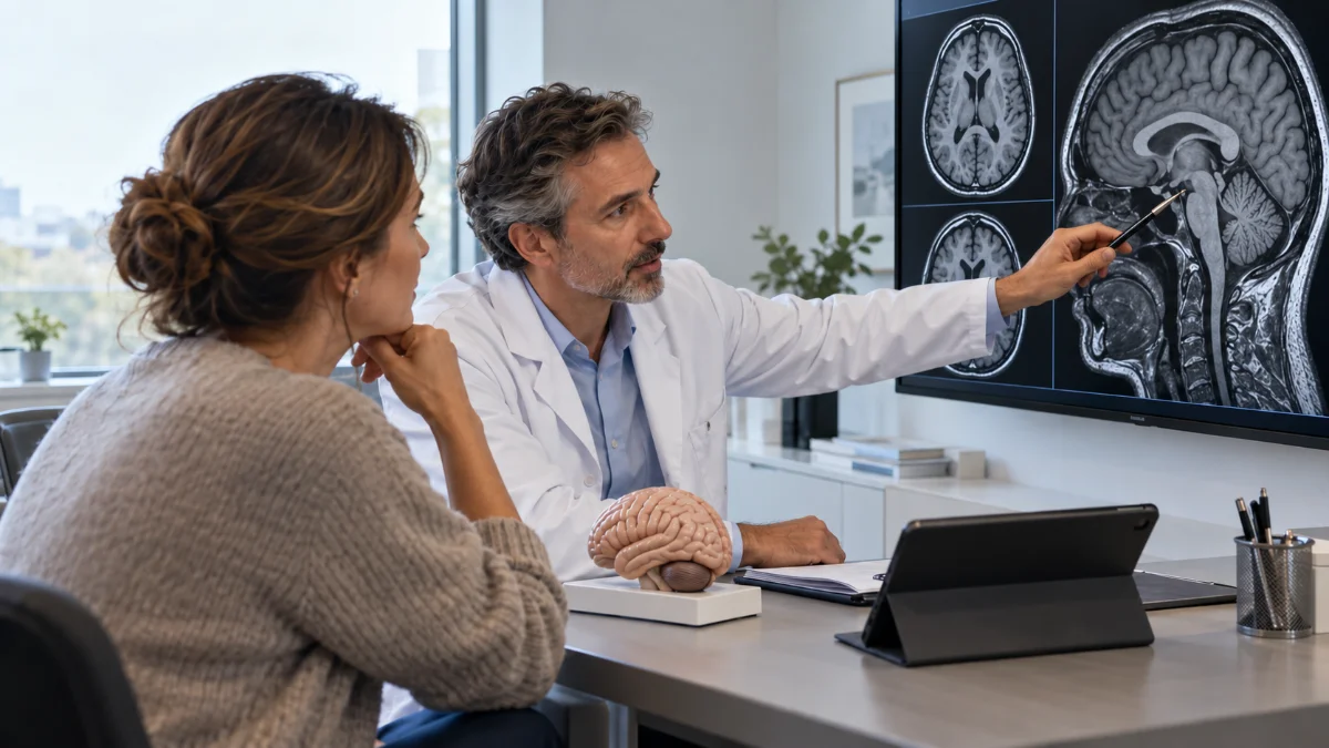 Un médecin explique un scanner cérébral à une femme dans un bureau.