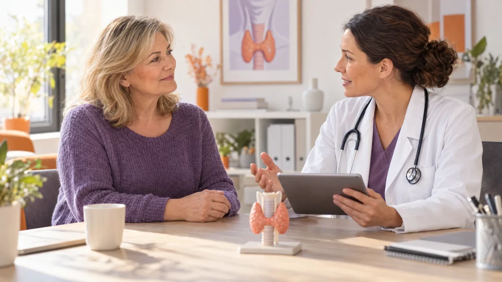 Une femme échange avec une médecin dans un cabinet lumineux, avec un modèle de thyroïde sur le bureau.