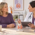Une femme échange avec une médecin dans un cabinet lumineux, avec un modèle de thyroïde sur le bureau.