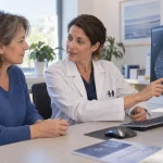 Une radiologue explique des images de mammographie à une patiente dans une salle de consultation.