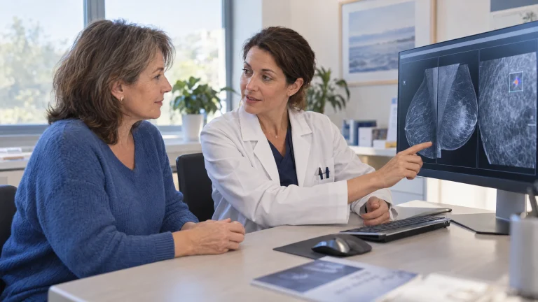 Une radiologue explique des images de mammographie à une patiente dans une salle de consultation.