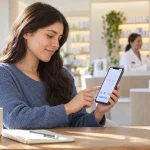 Une adulte consulte sur son téléphone une interface illustrant le suivi de sa peau, dans un environnement de soins lumineux.