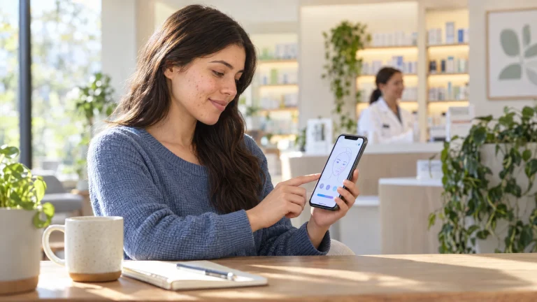 Une adulte consulte sur son téléphone une interface illustrant le suivi de sa peau, dans un environnement de soins lumineux.