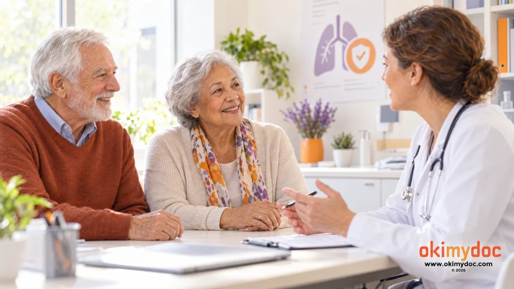 Un couple de seniors échange avec une professionnelle de santé dans un cabinet lumineux.