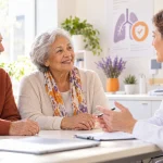 Un couple de seniors échange avec une professionnelle de santé dans un cabinet lumineux.