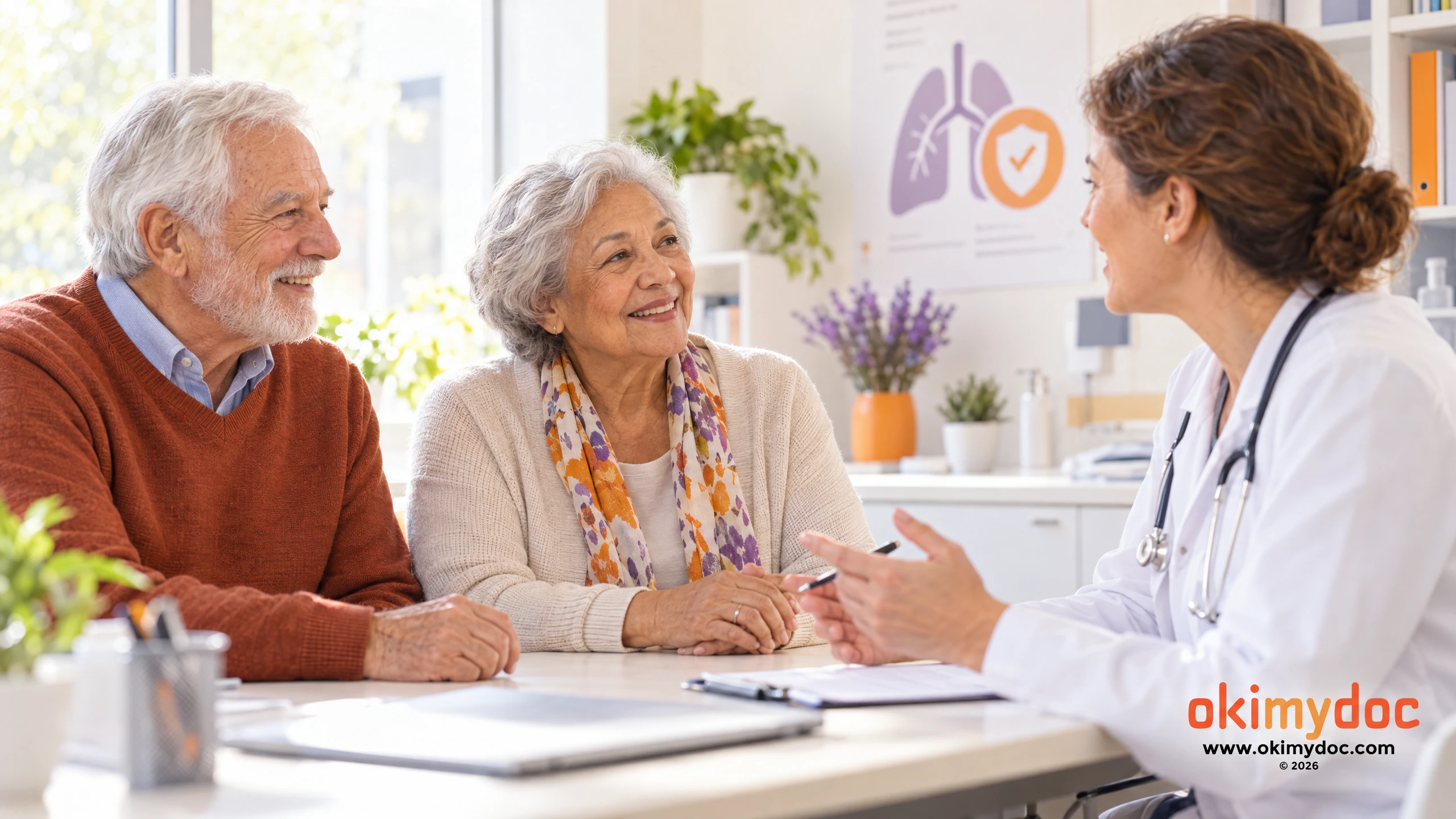 Un couple de seniors échange avec une professionnelle de santé dans un cabinet lumineux.