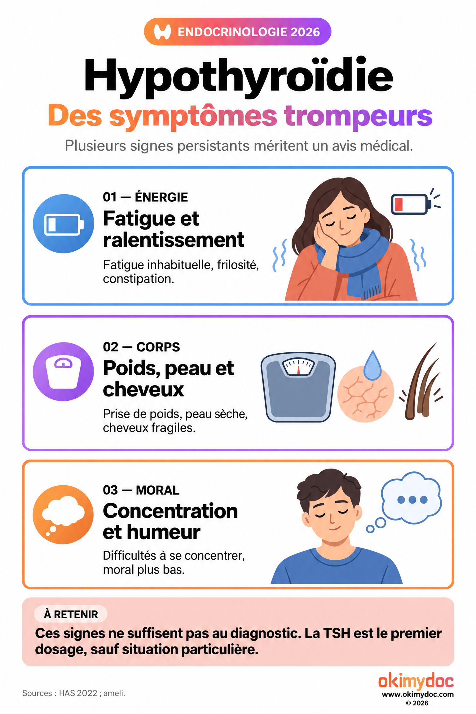 Infographie présentant fatigue et frilosité, prise de poids et peau sèche, difficultés de concentration et moral bas, avec rappel que la TSH aide au diagnostic.