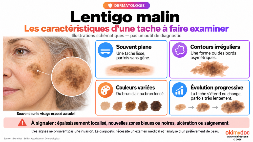 Illustration d’une tache brune sur la joue : surface plane, contours irréguliers, couleurs variées et évolution progressive.